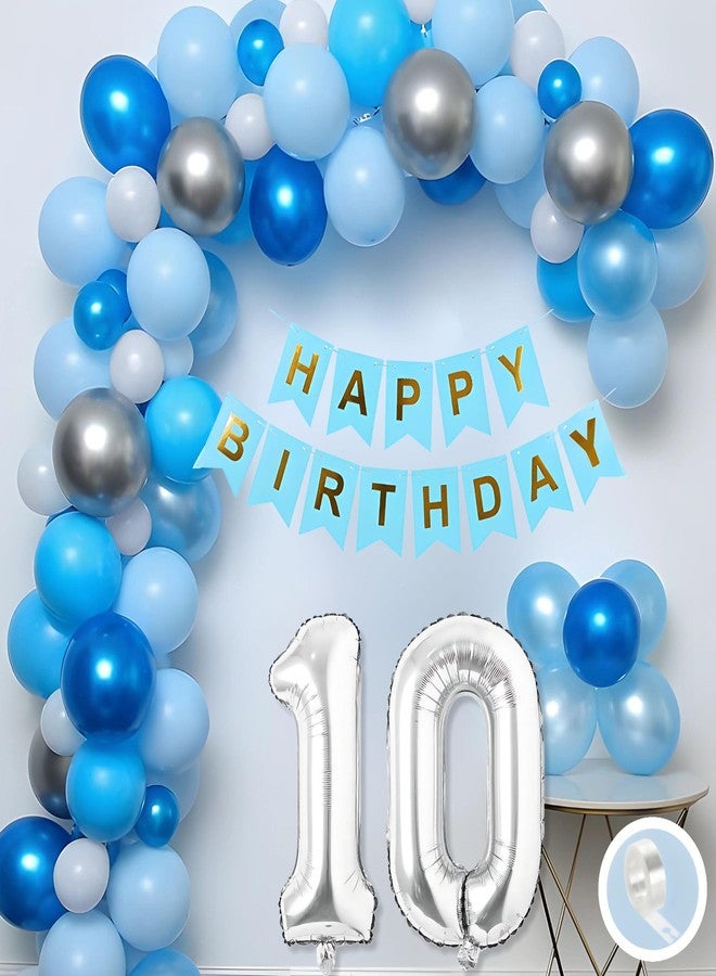 Flyloons 10th Birthday Decoration Items Blue and White Theme Combination for Boys Girls Kids | 30 Pcs Blue White Silver Color Balloons | Blue Happy Birthday Paper Banner | Arch Tape - Image 1
